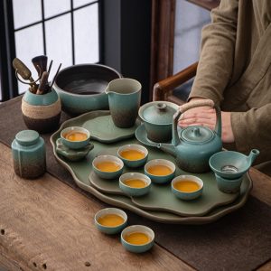 Antique Authentic Green Ceramic Gong Fu Cha Tea Set With Lotus Leaf Shaped Tray