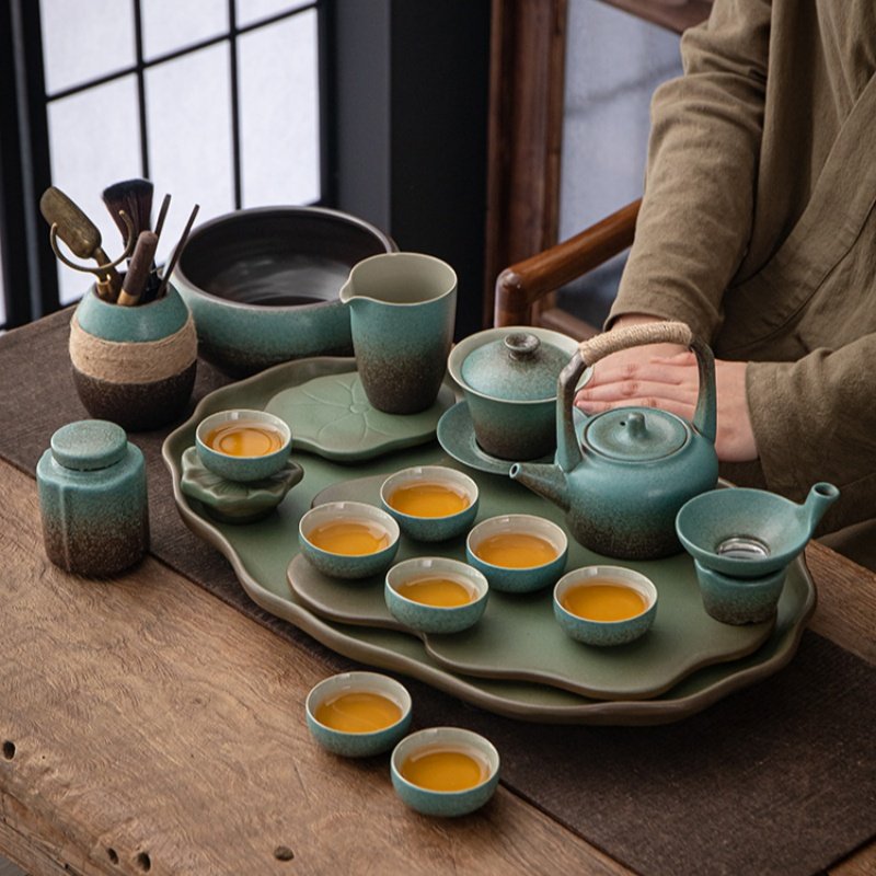 Antique Authentic Green Ceramic Gong Fu Cha Tea Set With Lotus Leaf Shaped Tray Antique Authentic Green Ceramic Gong Fu Cha Tea Set With Lotus Leaf Shaped Tray