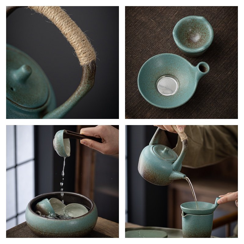 Antique Authentic Green Ceramic Gong Fu Cha Tea Set With Lotus Leaf Shaped Tray Antique Authentic Green Ceramic Gong Fu Cha Tea Set With Lotus Leaf Shaped Tray