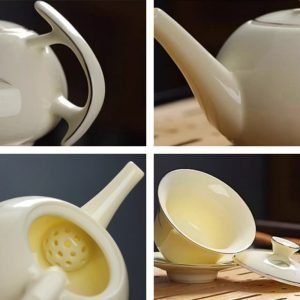 Antique Beige Ceramic Bamboo Theme Kung Fu Tea Service Set With Wooden Tray