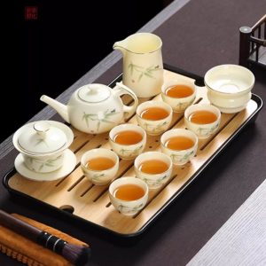 Antique Beige Ceramic Bamboo Theme Kung Fu Tea Service Set With Wooden Tray