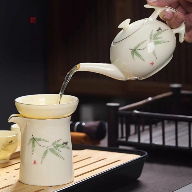 Antique Beige Ceramic Bamboo Theme Kung Fu Tea Service Set With Wooden Tray Antique Beige Ceramic Bamboo Theme Kung Fu Tea Service Set With Wooden Tray