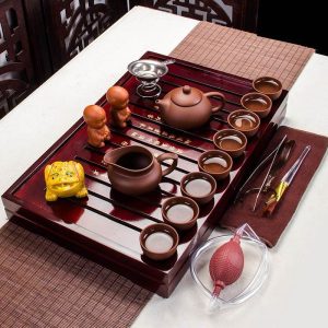 Antique Brown And Black Purple Clay Traditional Gong Fu Tea Ceremonial Sets With Wooden Tray
