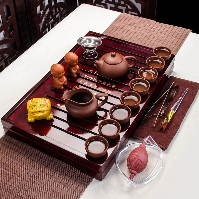 Antique Brown And Black Purple Clay Traditional Gong Fu Tea Ceremonial Sets With Wooden Tray Antique Brown And Black Purple Clay Traditional Gong Fu Tea Ceremonial Sets With Wooden Tray
