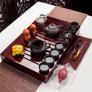 Antique Brown And Black Purple Clay Traditional Gong Fu Tea Ceremonial Sets With Wooden Tray
