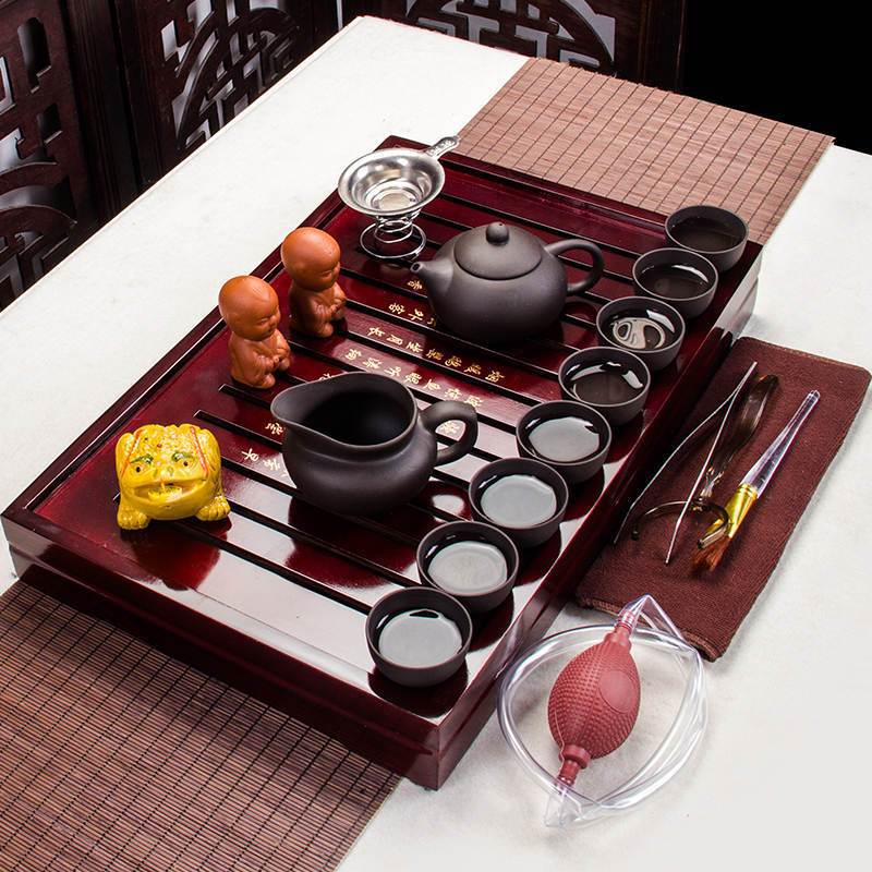 Antique Brown And Black Purple Clay Traditional Gong Fu Tea Ceremonial Sets With Wooden Tray Antique Brown And Black Purple Clay Traditional Gong Fu Tea Ceremonial Sets With Wooden Tray