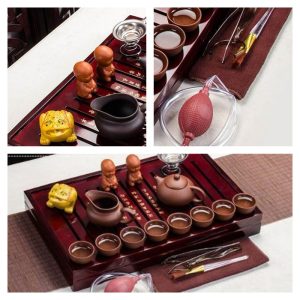Antique Brown And Black Purple Clay Traditional Gong Fu Tea Ceremonial Sets With Wooden Tray