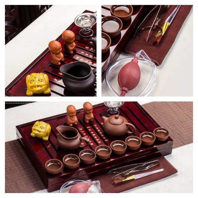 Antique Brown And Black Purple Clay Traditional Gong Fu Tea Ceremonial Sets With Wooden Tray Antique Brown And Black Purple Clay Traditional Gong Fu Tea Ceremonial Sets With Wooden Tray