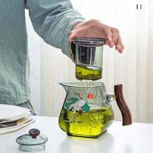 Antique Crane Theme Grey High Borosilicate Glass Tea Ceremony Sets For Adults