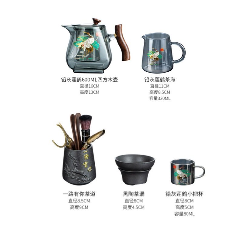 Antique Crane Theme Grey High Borosilicate Glass Tea Ceremony Sets For Adults Antique Crane Theme Grey High Borosilicate Glass Tea Ceremony Sets For Adults