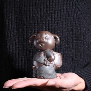 Antique Cute Peeing Little Pig Boy Purple Clay Black Gold Sand Glaze Handmade Gongfu Tea Pet