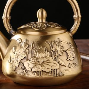 Antique Elegant Handmade Embossed Lotus Theme Brass Tea Kettle For Sale