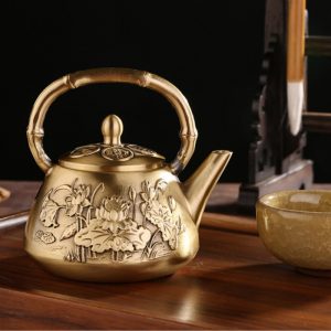 Antique Elegant Handmade Embossed Lotus Theme Brass Tea Kettle For Sale
