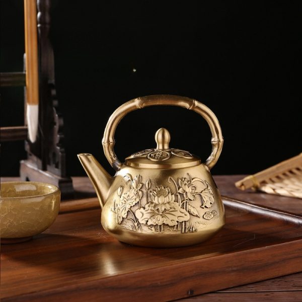 Antique Elegant Handmade Embossed Lotus Theme Brass Tea Kettle For Sale