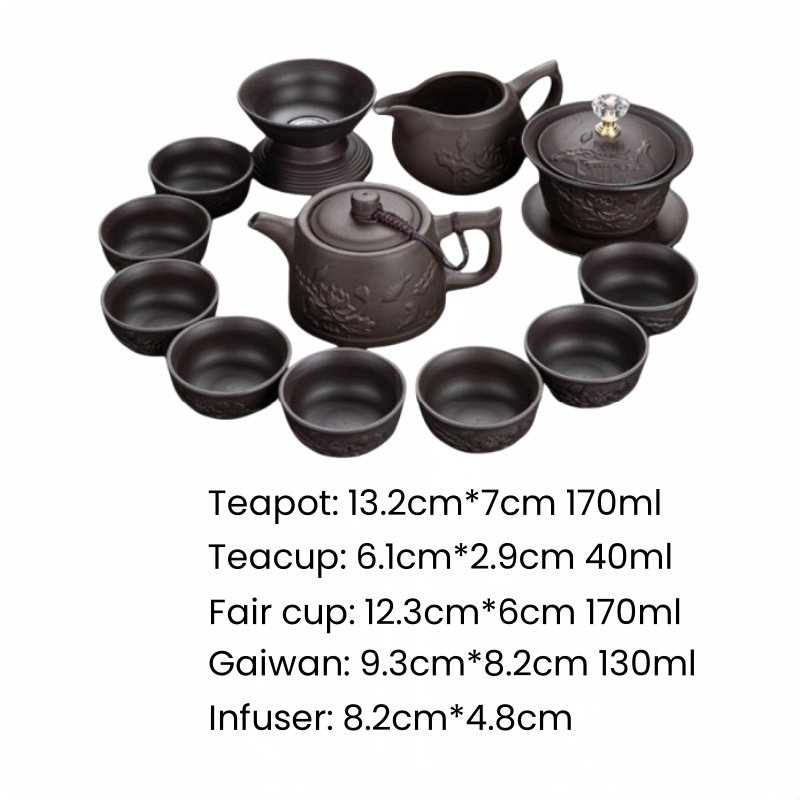 Antique Embossed Flower Pattern Purple Clay Chinese Ceremonial Tea Set For Sale Antique Embossed Flower Pattern Purple Clay Chinese Ceremonial Tea Set For Sale