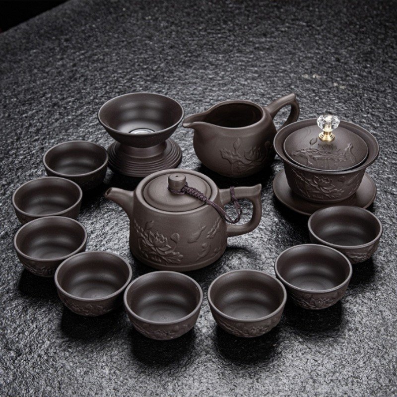Antique Embossed Flower Pattern Purple Clay Chinese Ceremonial Tea Set For Sale Antique Embossed Flower Pattern Purple Clay Chinese Ceremonial Tea Set For Sale