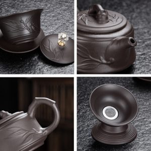 Antique Embossed Flower Pattern Purple Clay Chinese Ceremonial Tea Set For Sale