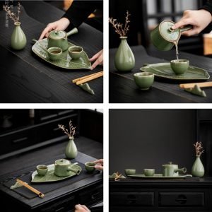 Antique Green Leaf Theme Traditional Japanese Porcelain Tea Ceremony Tea Set