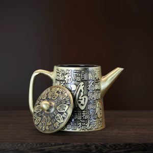 Antique Hand Carved Exquisite Blessing Characters Brass Teapot With Lid