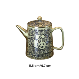 Antique Hand Carved Exquisite Blessing Characters Brass Teapot With Lid