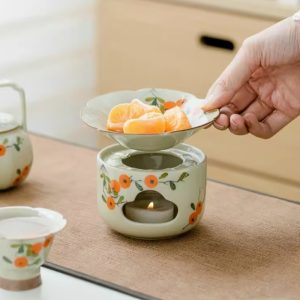 Antique Hand Painted Persimmon Pattern Ceramic Tea Pot Candle Warmer