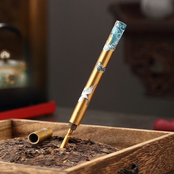 Antique Hand Painted Sea Wave Theme Brass Puerh Tea Ceremony Knife For Sale