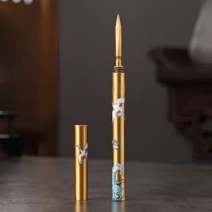 Antique Hand Painted Sea Wave Theme Brass Puerh Tea Ceremony Knife For Sale