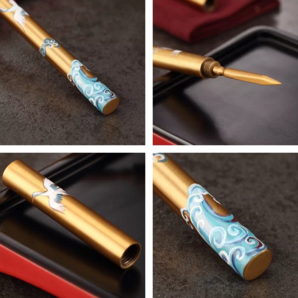Antique Hand Painted Sea Wave Theme Brass Puerh Tea Ceremony Knife For Sale