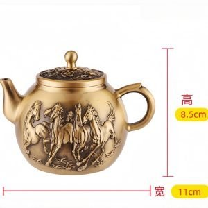 Antique Handmade Horses Theme Small Brass Teapot Symbolize Success