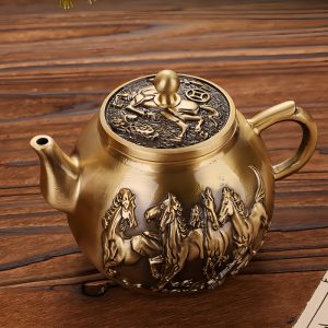 Antique Handmade Horses Theme Small Brass Teapot Symbolize Success