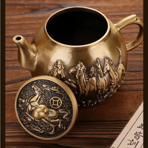 Antique Handmade Horses Theme Small Brass Teapot Symbolize Success