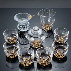 Antique High Borosilicate Heat Resistant Crystal Clear Golden Inlaid Glass Tea Ceremony Sets