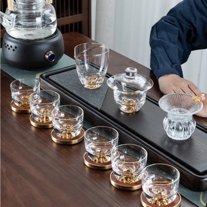 Antique High Borosilicate Heat Resistant Crystal Clear Golden Inlaid Glass Tea Ceremony Sets Antique High Borosilicate Heat Resistant Crystal Clear Golden Inlaid Glass Tea Ceremony Sets