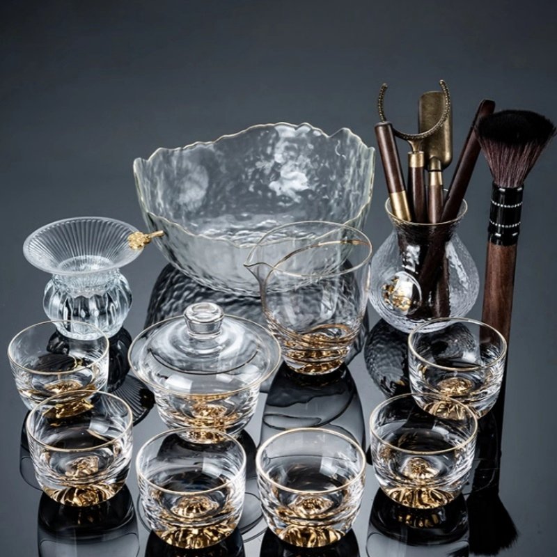 Antique High Borosilicate Heat Resistant Crystal Clear Golden Inlaid Glass Tea Ceremony Sets Antique High Borosilicate Heat Resistant Crystal Clear Golden Inlaid Glass Tea Ceremony Sets