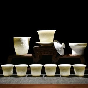 Antique Mutton Fat Jade Porcelain Embossed Traditional Chinese Tea Service Set