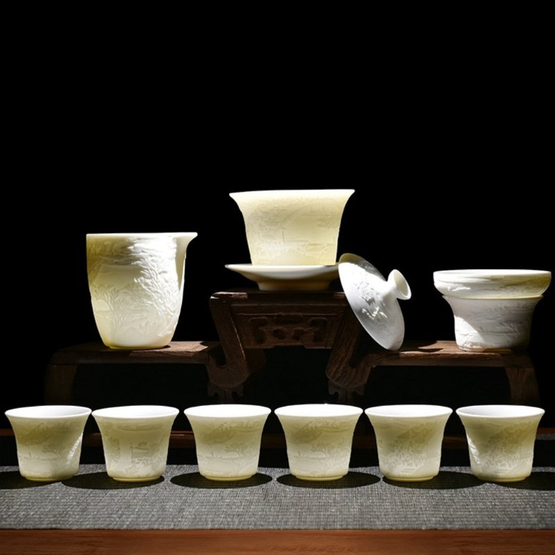 Antique Mutton Fat Jade Porcelain Embossed Traditional Chinese Tea Service Set Antique Mutton Fat Jade Porcelain Embossed Traditional Chinese Tea Service Set
