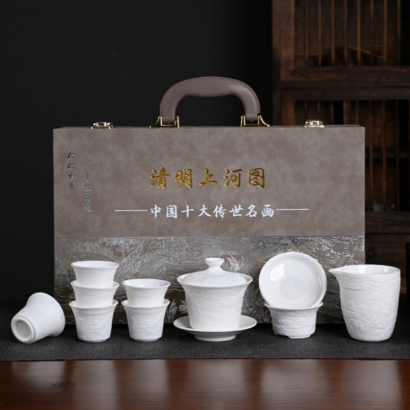 Antique Mutton Fat Jade Porcelain Embossed Traditional Chinese Tea Service Set Antique Mutton Fat Jade Porcelain Embossed Traditional Chinese Tea Service Set