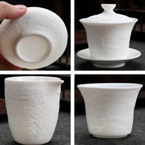 Antique Mutton Fat Jade Porcelain Embossed Traditional Chinese Tea Service Set