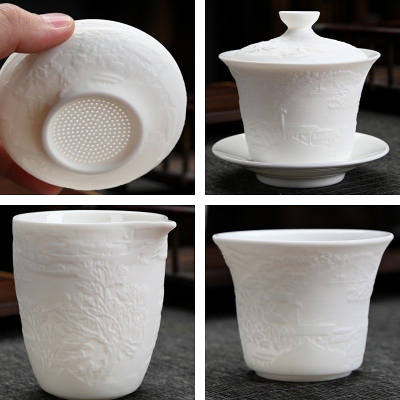Antique Mutton Fat Jade Porcelain Embossed Traditional Chinese Tea Service Set Antique Mutton Fat Jade Porcelain Embossed Traditional Chinese Tea Service Set