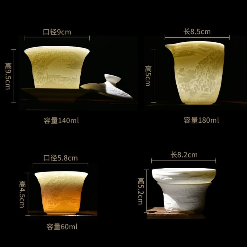 Antique Mutton Fat Jade Porcelain Embossed Traditional Chinese Tea Service Set Antique Mutton Fat Jade Porcelain Embossed Traditional Chinese Tea Service Set