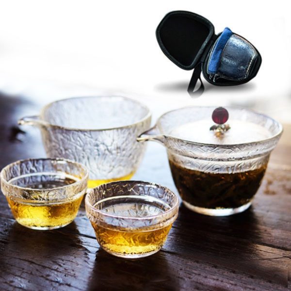 Antique Portable Frosted Hammer Glass Travel Tea And Coffee Kit With Case