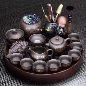 Antique Purple Clay Blessing Theme Gong Fu Tea Ceremony Set With Round Tea Tray For Sale