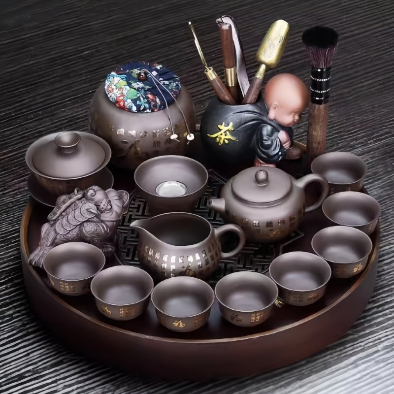 Antique Purple Clay Blessing Theme Gong Fu Tea Ceremony Set With Round Tea Tray For Sale Antique Purple Clay Blessing Theme Gong Fu Tea Ceremony Set With Round Tea Tray For Sale