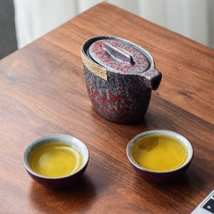 Antique Red Rust Glaze Ceramic Travel Tea And Coffee Set With Carrying Case For One