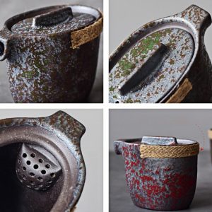 Antique Red Rust Glaze Ceramic Travel Tea And Coffee Set With Carrying Case For One