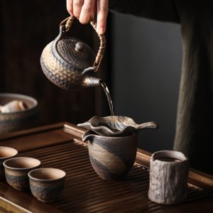 Antique Rough Pottery Lotus Theme Kung Fu Tea Service Set With Wooden Tray