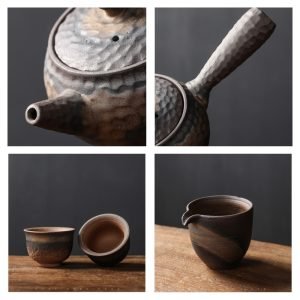 Antique Rough Pottery Lotus Theme Kung Fu Tea Service Set With Wooden Tray