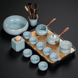 Antique Ru Kiln Style Blue Crack Glaze Porcelain Gong Fu Tea Ceremonial Set With Tray