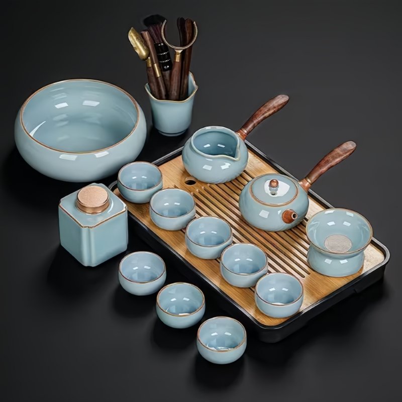 Antique Ru Kiln Style Blue Crack Glaze Porcelain Gong Fu Tea Ceremonial Set With Tray Antique Ru Kiln Style Blue Crack Glaze Porcelain Gong Fu Tea Ceremonial Set With Tray