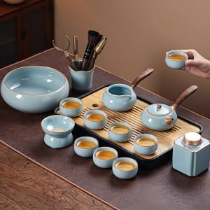 Antique Ru Kiln Style Blue Crack Glaze Porcelain Gong Fu Tea Ceremonial Set With Tray